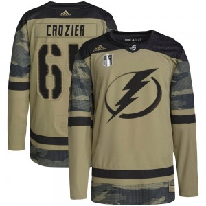 Authentic Adidas Youth Maxwell Crozier Camo Military Appreciation Practice 2022 Stanley Cup Final Jersey - NHL Tampa Bay Lightni