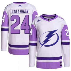 Authentic Adidas Youth Ryan Callahan White/Purple Hockey Fights Cancer Primegreen Jersey - NHL Tampa Bay Lightning