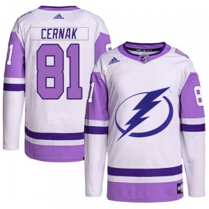 Authentic Adidas Youth Erik Cernak White/Purple Hockey Fights Cancer Primegreen Jersey - NHL Tampa Bay Lightning