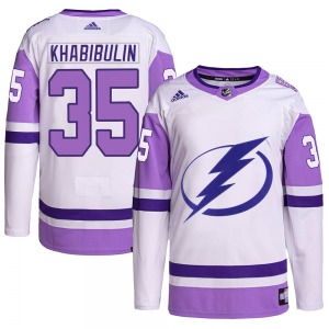 Authentic Adidas Youth Nikolai Khabibulin White/Purple Hockey Fights Cancer Primegreen Jersey - NHL Tampa Bay Lightning