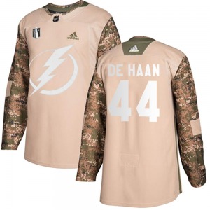 Authentic Adidas Youth Calvin de Haan Camo Veterans Day Practice 2022 Stanley Cup Final Jersey - NHL Tampa Bay Lightning