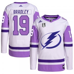 Authentic Adidas Youth Brian Bradley White/Purple Hockey Fights Cancer Primegreen 2022 Stanley Cup Final Jersey - NHL Tampa Bay 