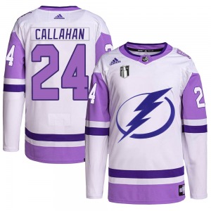 Authentic Adidas Youth Ryan Callahan White/Purple Hockey Fights Cancer Primegreen 2022 Stanley Cup Final Jersey - NHL Tampa Bay 