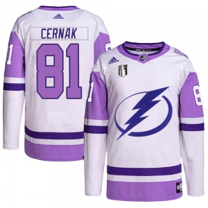 Authentic Adidas Youth Erik Cernak White/Purple Hockey Fights Cancer Primegreen 2022 Stanley Cup Final Jersey - NHL Tampa Bay Li