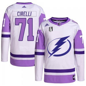 Authentic Adidas Youth Anthony Cirelli White/Purple Hockey Fights Cancer Primegreen 2022 Stanley Cup Final Jersey - NHL Tampa Ba