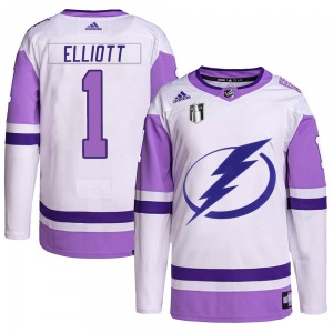 Authentic Adidas Youth Brian Elliott White/Purple Hockey Fights Cancer Primegreen 2022 Stanley Cup Final Jersey - NHL Tampa Bay 