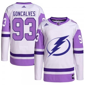 Authentic Adidas Youth Gage Goncalves White/Purple Hockey Fights Cancer Primegreen 2022 Stanley Cup Final Jersey - NHL Tampa Bay