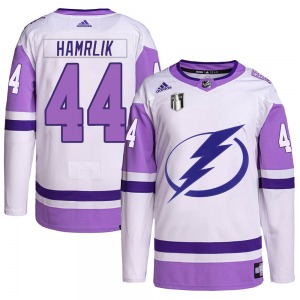 Authentic Adidas Youth Roman Hamrlik White/Purple Hockey Fights Cancer Primegreen 2022 Stanley Cup Final Jersey - NHL Tampa Bay 