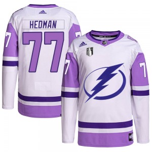 Authentic Adidas Youth Victor Hedman White/Purple Hockey Fights Cancer Primegreen 2022 Stanley Cup Final Jersey - NHL Tampa Bay 