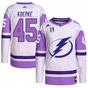 Authentic Adidas Youth Cole Koepke White/Purple Hockey Fights Cancer Primegreen 2022 Stanley Cup Final Jersey - NHL Tampa Bay Li