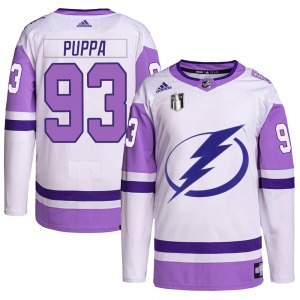 Authentic Adidas Youth Daren Puppa White/Purple Hockey Fights Cancer Primegreen 2022 Stanley Cup Final Jersey - NHL Tampa Bay Li