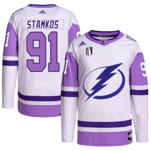 Authentic Adidas Adult Steven Stamkos White/Purple Hockey Fights Cancer Primegreen 2022 Stanley Cup Final Jersey - NHL Tampa Bay