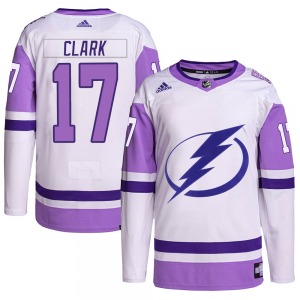Authentic Adidas Adult Wendel Clark White/Purple Hockey Fights Cancer Primegreen Jersey - NHL Tampa Bay Lightning