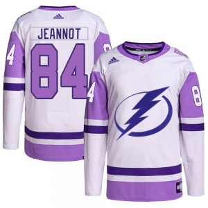 Authentic Adidas Adult Tanner Jeannot White/Purple Hockey Fights Cancer Primegreen Jersey - NHL Tampa Bay Lightning