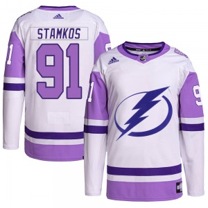 Authentic Adidas Adult Steven Stamkos White/Purple Hockey Fights Cancer Primegreen Jersey - NHL Tampa Bay Lightning