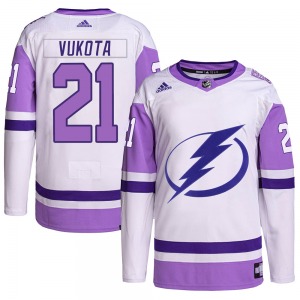 Authentic Adidas Adult Mick Vukota White/Purple Hockey Fights Cancer Primegreen Jersey - NHL Tampa Bay Lightning