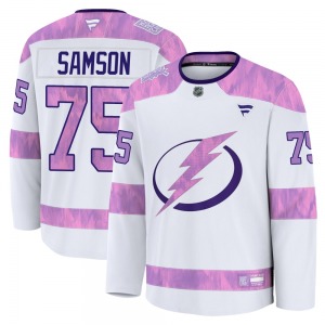 Premium Fanatics Youth Ethan Samson White 2024 Hockey Fights Cancer Practice Jersey - NHL Tampa Bay Lightning