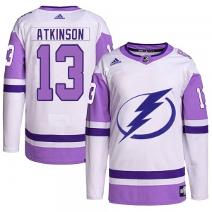 Authentic Adidas Youth Cam Atkinson White/Purple Hockey Fights Cancer Primegreen Jersey - NHL Tampa Bay Lightning