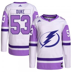 Authentic Adidas Youth Dylan Duke White/Purple Hockey Fights Cancer Primegreen Jersey - NHL Tampa Bay Lightning