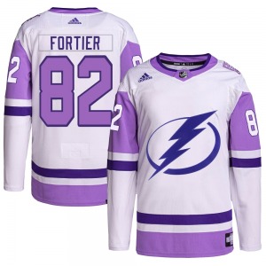 Authentic Adidas Youth Gabriel Fortier White/Purple Hockey Fights Cancer Primegreen Jersey - NHL Tampa Bay Lightning
