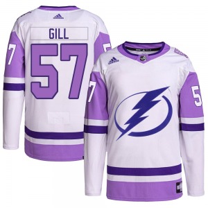 Authentic Adidas Youth Dyllan Gill White/Purple Hockey Fights Cancer Primegreen Jersey - NHL Tampa Bay Lightning