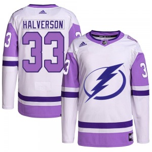 Authentic Adidas Youth Brandon Halverson White/Purple Hockey Fights Cancer Primegreen Jersey - NHL Tampa Bay Lightning