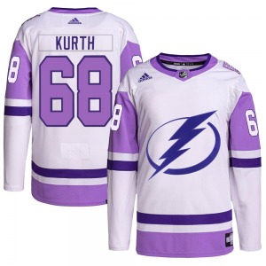 Authentic Adidas Youth Connor Kurth White/Purple Hockey Fights Cancer Primegreen Jersey - NHL Tampa Bay Lightning