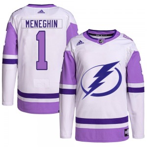 Authentic Adidas Youth Harrison Meneghin White/Purple Hockey Fights Cancer Primegreen Jersey - NHL Tampa Bay Lightning