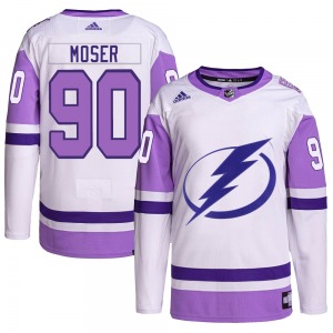 Authentic Adidas Youth Janis Moser White/Purple Hockey Fights Cancer Primegreen Jersey - NHL Tampa Bay Lightning