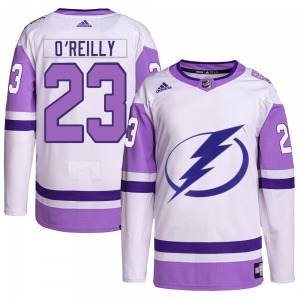 Authentic Adidas Youth Sam O'Reilly White/Purple Hockey Fights Cancer Primegreen Jersey - NHL Tampa Bay Lightning