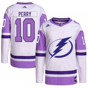 Authentic Adidas Youth Corey Perry White/Purple Hockey Fights Cancer Primegreen Jersey - NHL Tampa Bay Lightning