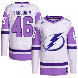 Authentic Adidas Youth Scott Sabourin White/Purple Hockey Fights Cancer Primegreen Jersey - NHL Tampa Bay Lightning
