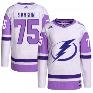 Authentic Adidas Youth Ethan Samson White/Purple Hockey Fights Cancer Primegreen Jersey - NHL Tampa Bay Lightning