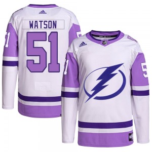 Authentic Adidas Youth Austin Watson White/Purple Hockey Fights Cancer Primegreen Jersey - NHL Tampa Bay Lightning