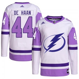 Authentic Adidas Youth Calvin de Haan White/Purple Hockey Fights Cancer Primegreen 2022 Stanley Cup Final Jersey - NHL Tampa Bay
