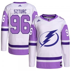 Authentic Adidas Youth Gabriel Szturc White/Purple Hockey Fights Cancer Primegreen 2022 Stanley Cup Final Jersey - NHL Tampa Bay