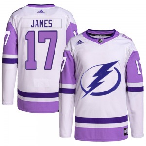 Authentic Adidas Adult Dominic James White/Purple Hockey Fights Cancer Primegreen Jersey - NHL Tampa Bay Lightning
