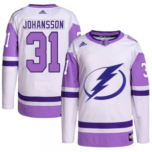 Authentic Adidas Adult Jonas Johansson White/Purple Hockey Fights Cancer Primegreen Jersey - NHL Tampa Bay Lightning